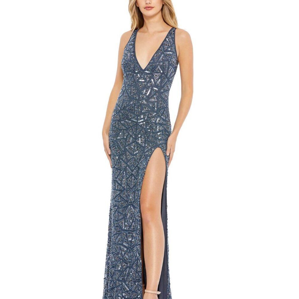 NEW | Mac Duggal 93552 Slate Blue Embellished V Neck Sleeveless Gown Size 8